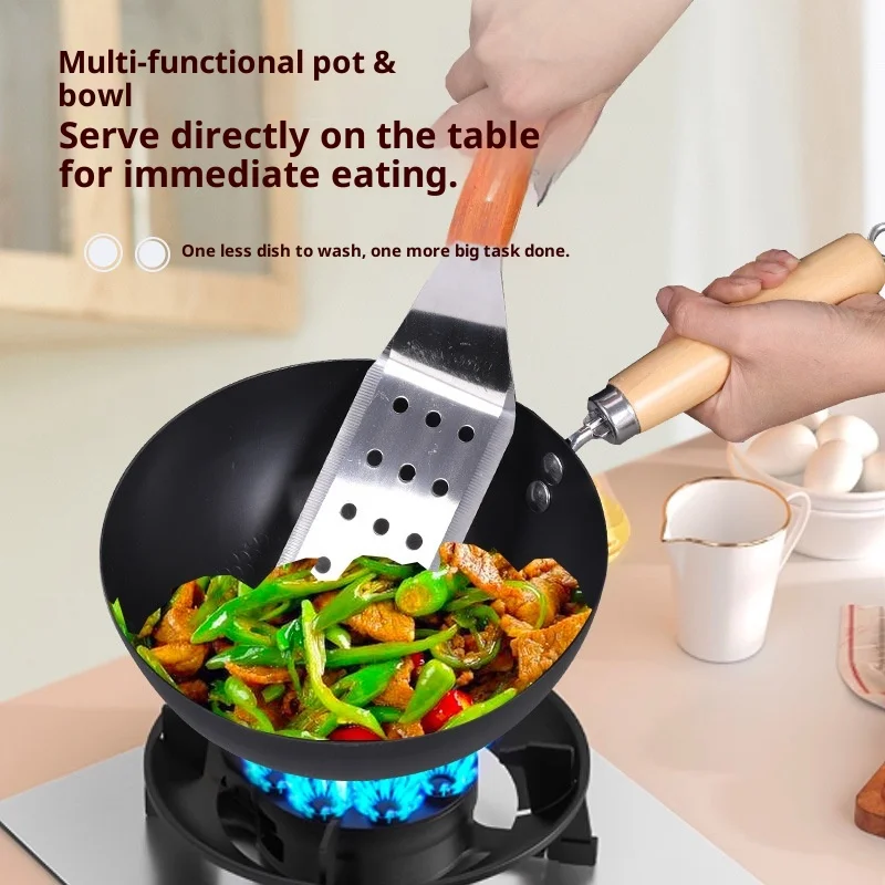 Mini Wok de Hierro Fundido, Sartén Antiadherente sin Recubrimiento, Fondo Plano, Apta para Cocinas de Inducción