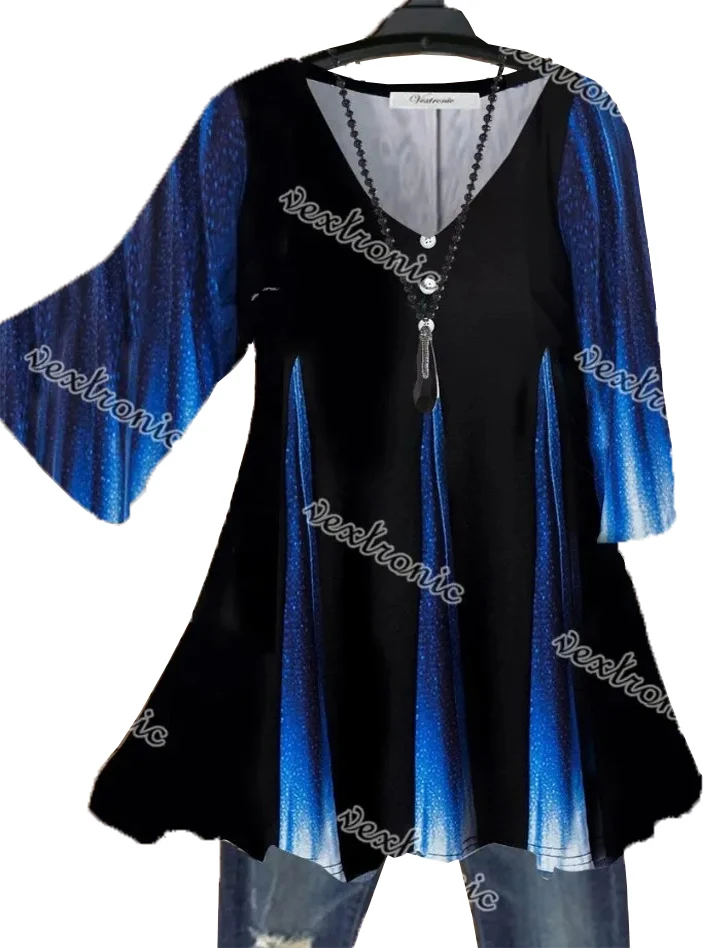 Top de talla grande para mujer, Media manga, cuello en V, estampado gráfico de bloques de colores, azul