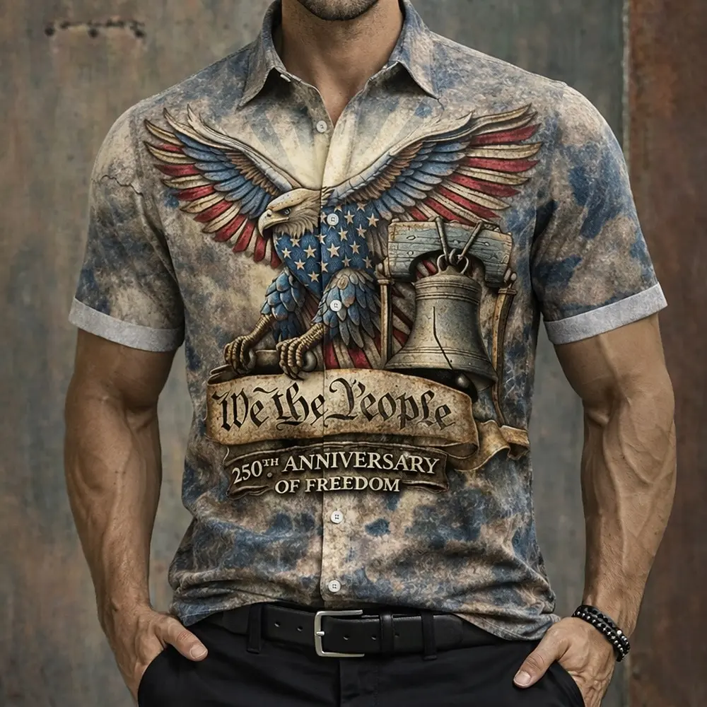 Men's Eagle US Flag America's 250th Anniversary Shirt Western Shirt Button Up Shirt Short Sleeve Patriotic Holiday Summer Spring