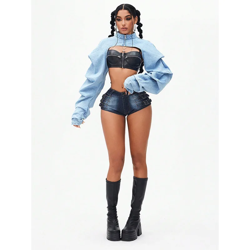 베뉴인피 스탠드 칼라 지퍼 슈퍼 숏 데님 재킷 여성용 2026년 봄 신상 2000년대 스트리트웨어 긴팔 크롭 아우터웨어