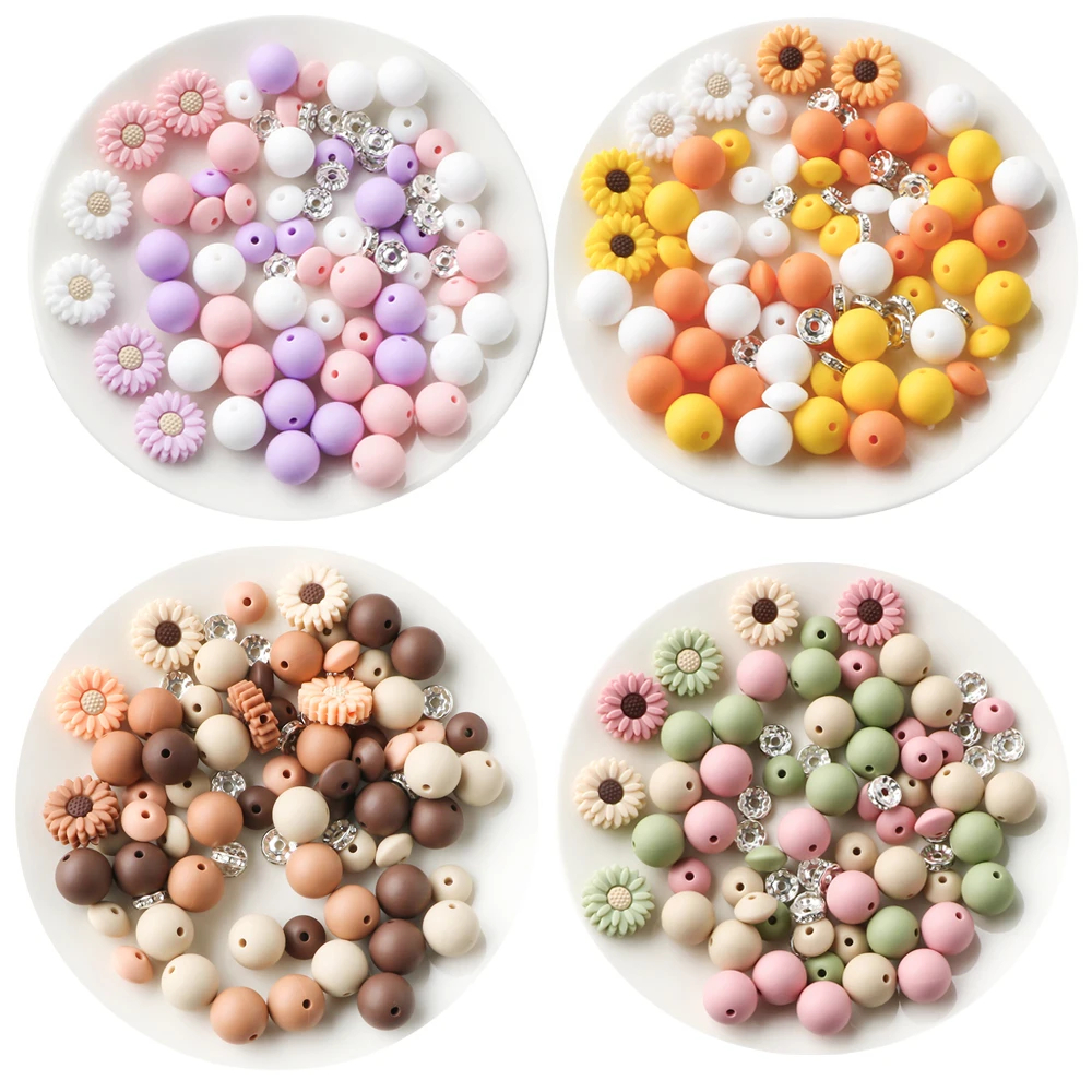 86Pcs/set Daisy Silicone Beads Kits Silicone Round Bead Lentil Loose Bead For Bracelet Necklace Jewelry Handmade Accessories