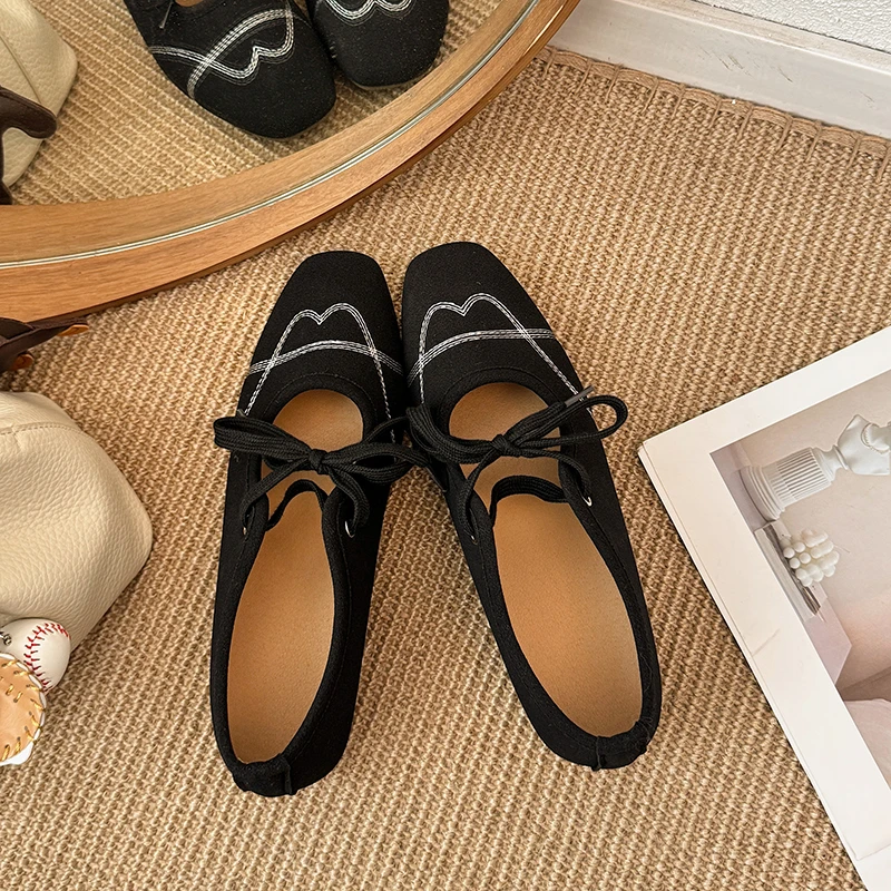 Square-toe French-style Lace-up Ballet Flats, Shallow Versatile Internal Heel Mary Jane Shoes for Women