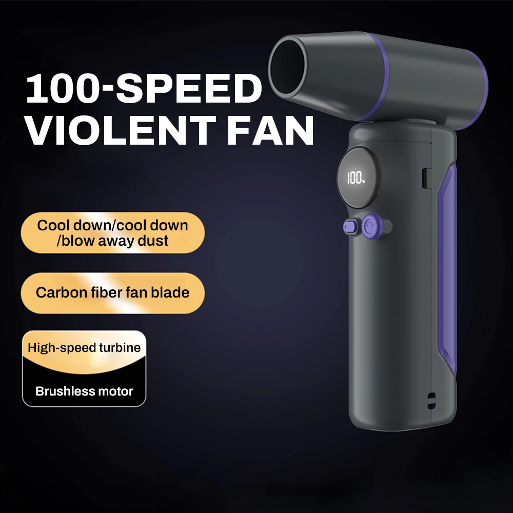 450000RPM Violent Fan Portable Handheld Turbo Fan 100 Gear Speed Wind USB Rechargeable Cooling Fan Digital Power & Speed Display