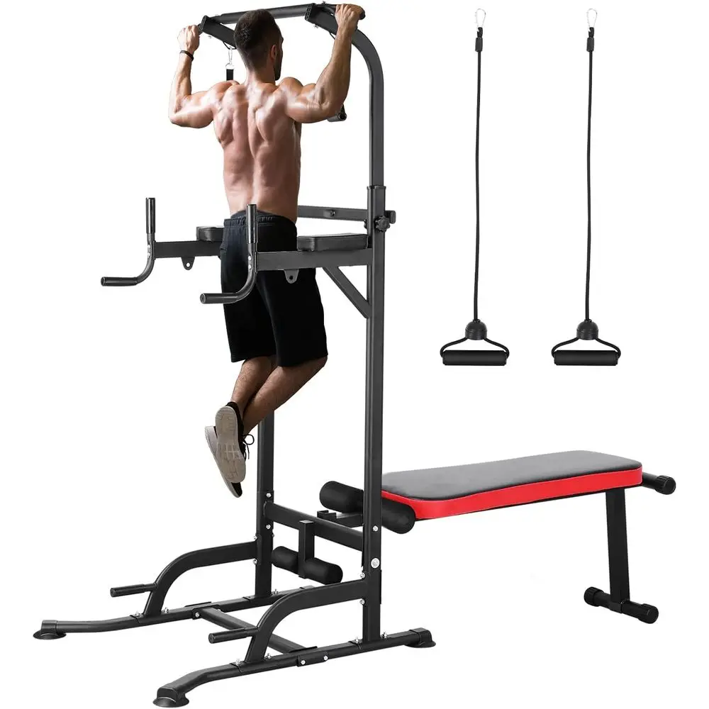 Torre de Gimnasio Multifuncional Ajustable para el Hogar con Banco, Barra de Dominadas, Estación de Dips y 4 Cuerdas, Soporta hasta 400 lb
