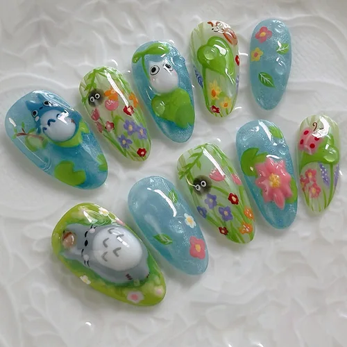 24 Uds uñas postizas de almendra verde fresca con pegamento patrones de dibujos animados de Anime francés lindo flor prensa en uñas uñas postizas dulces usables