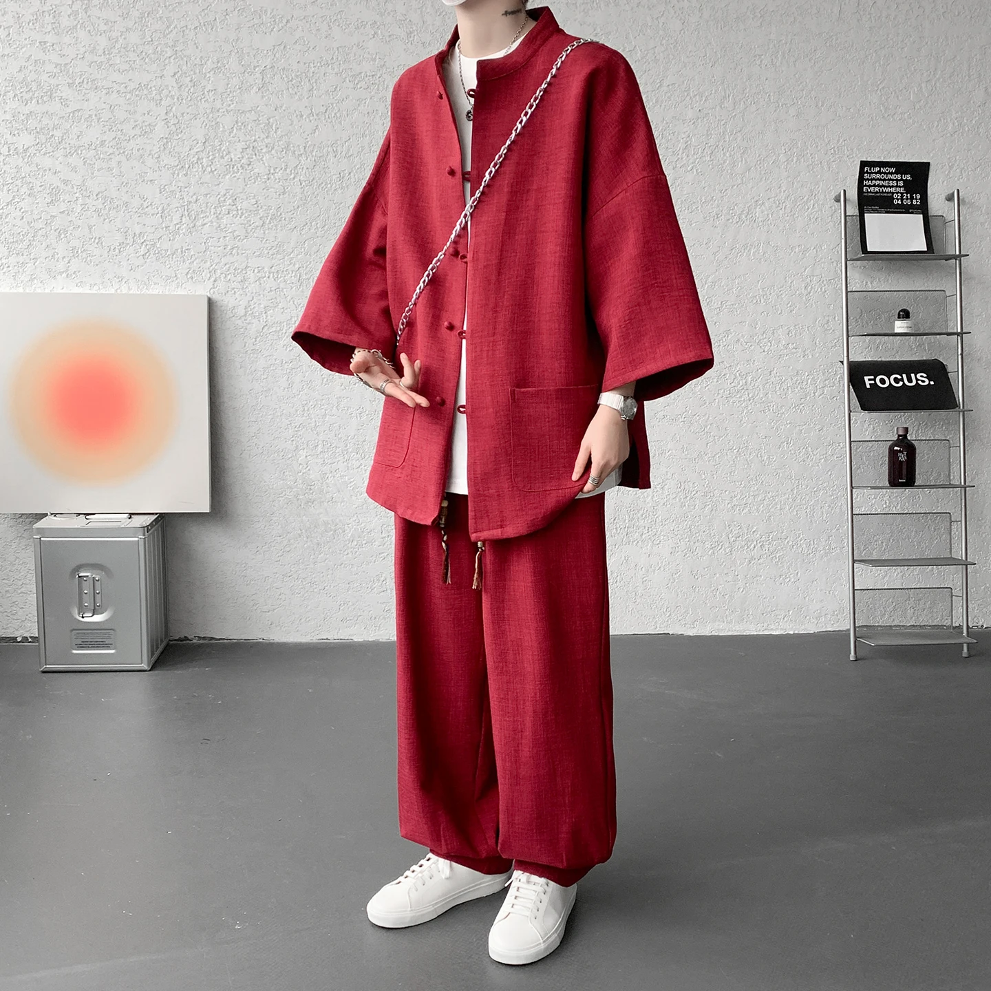 シャツパンツセット夏メンズ半袖林唐スーツ高齢者中国風漢服綿麻仏教服カジュアルビジネス