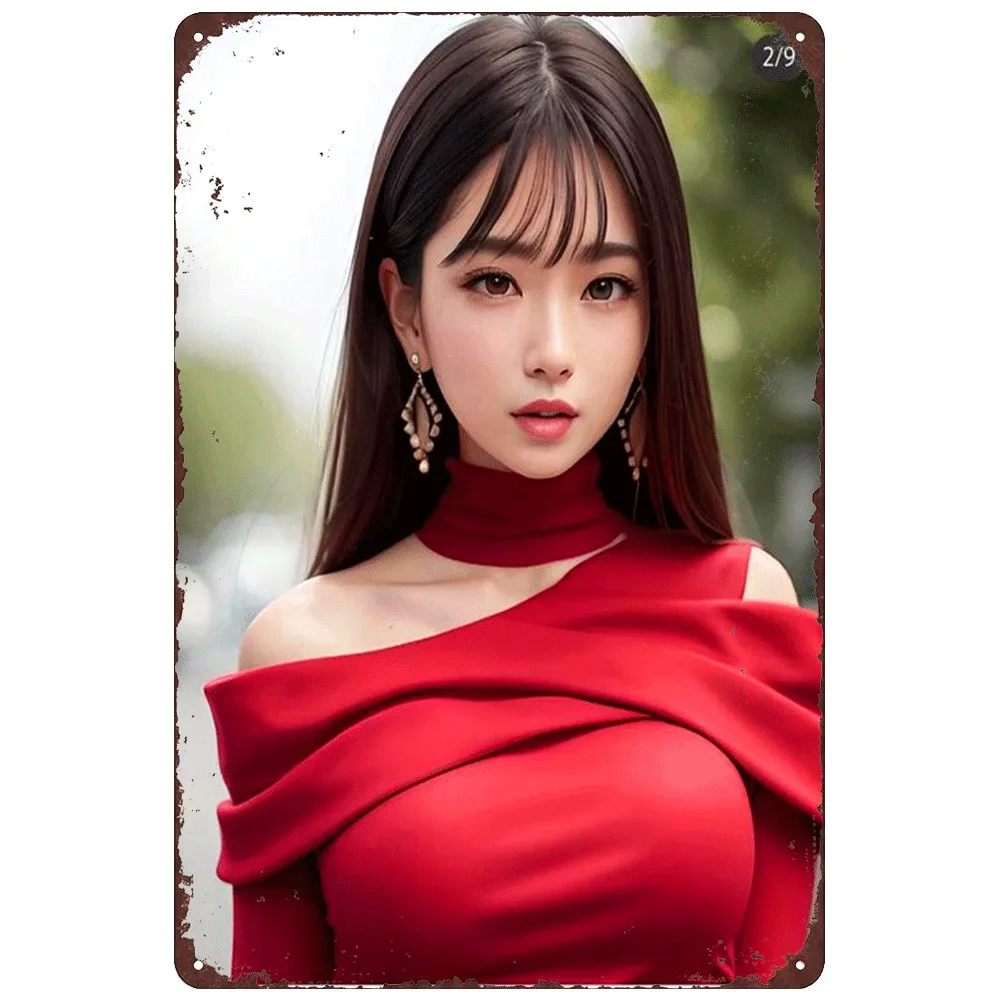 HD Tin Sign Vintage Elegant Asian Girl in Red Off-Shoulder Top Metal Wall Art Retro Decor for Bar Cafe Home