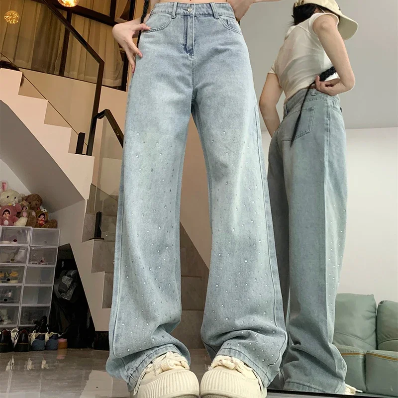 Women Designer Straight Leg Denim Pants Lady Bling Sequins Loose Comfortable Wide Leg Jeans Girls y2k 2000s Light Blue Trousers