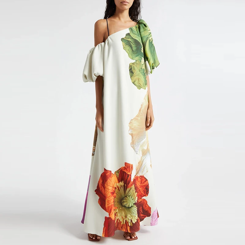 Böhmisches Damenkleid mit schrägem Ausschnitt und Puffärmeln, Blumendruck, schulterfrei, lockeres langes Kleid, modisches, ausgehöhltes Urlaubs-Robenkleid