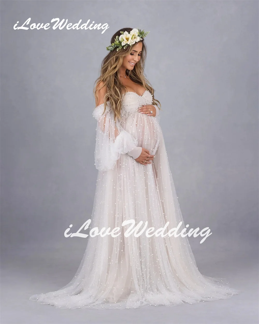 ILoveWedding Pearl Beading Maternity Dresses Photography Robes Off Shoulder Sweetheart Tulle Pregnant Photo Shoot Long Sleeves