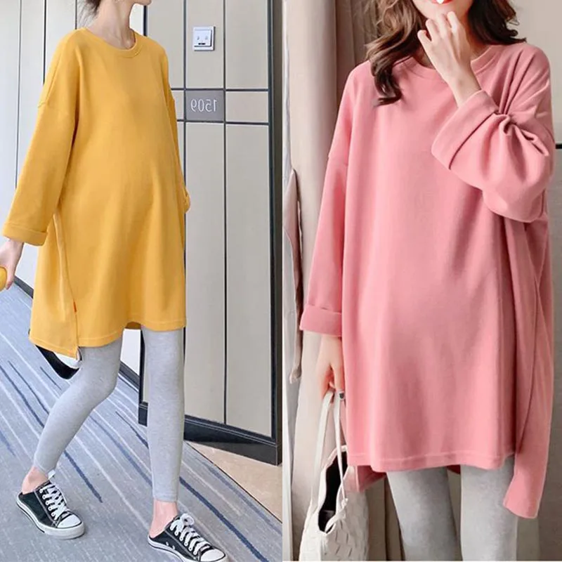 

Maternity Loose Pregnant Woman Dress Solid Color Autumn Korean Style Long Sleeve O-Neck Irregular Hoodies Plus Size Sweatshirts