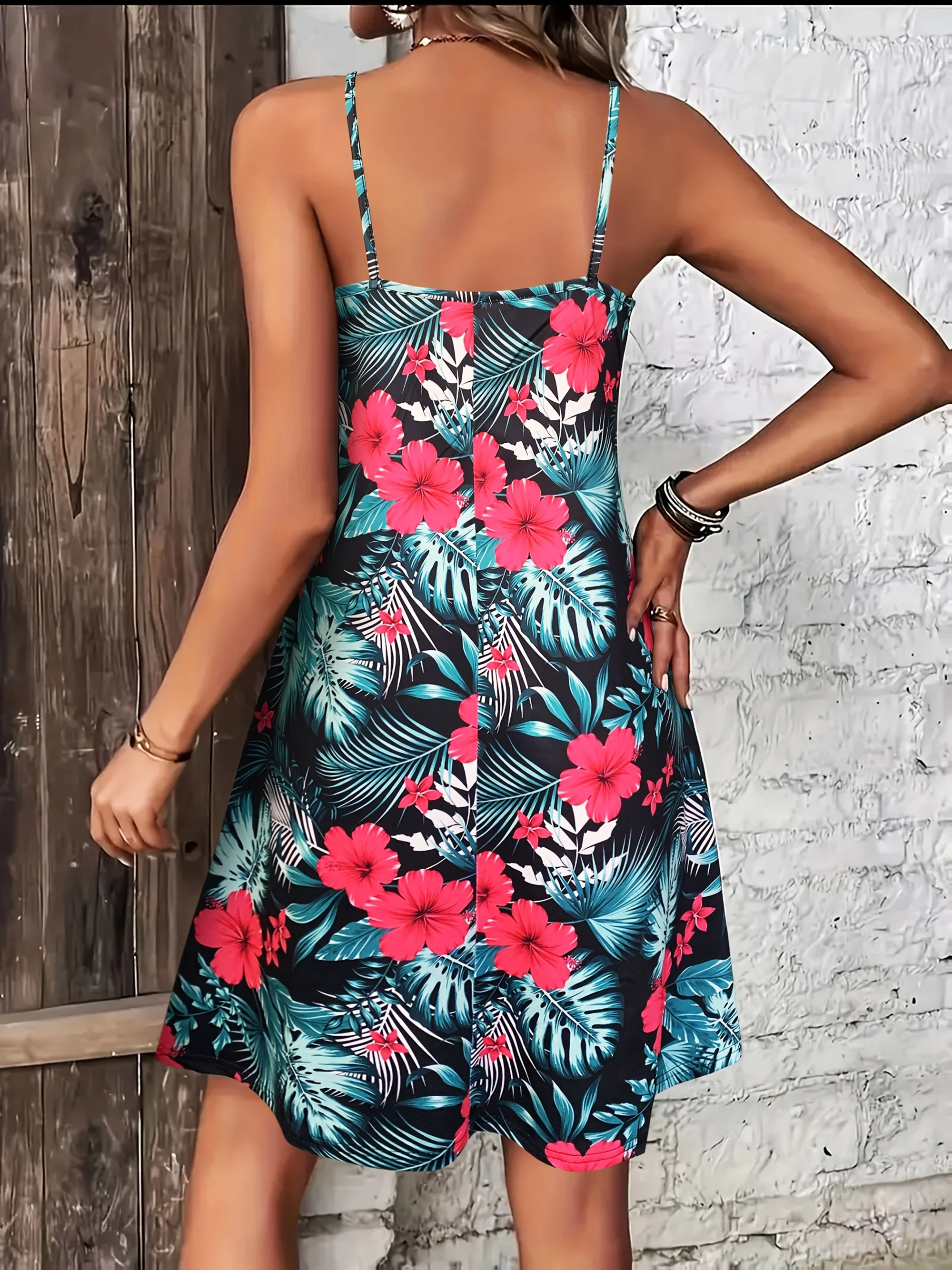 Summer Vacation Style Print V-Neck Spaghetti Strap Dress，Camisole Dress for vacation outfits,bohemia dresses for women summer image 3