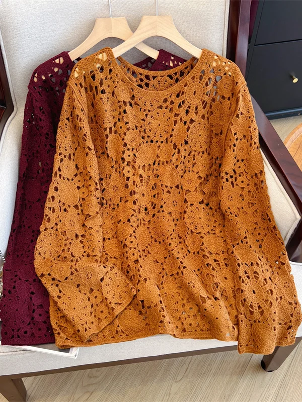 

Beautiful Hollow out Long Sve Knitwear Loose Women's Faion Early Autumn Casual Wear T-irt Top Layering Clothes