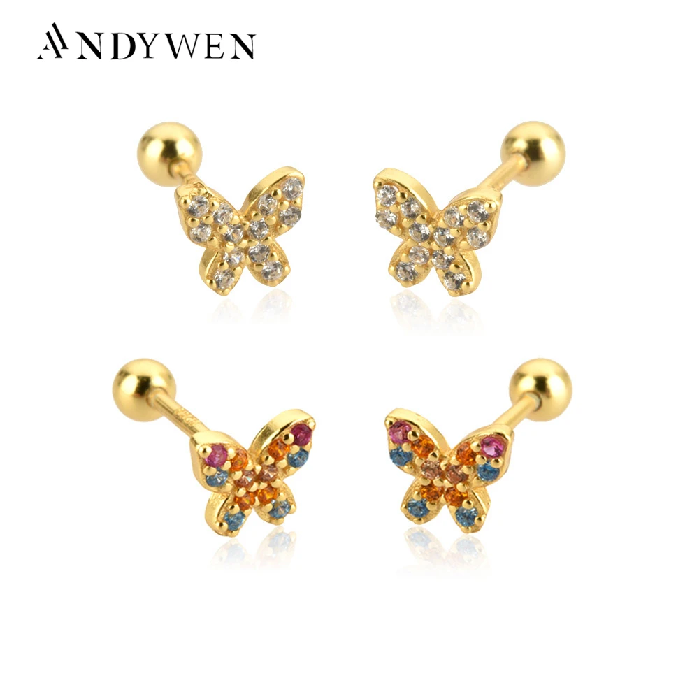 ANDYWEN 925 Sterling Silver Gold Clear CZ Spring Stud Earring Piercing Clips Rock Punk Party Tiny Jewelry Gift Jewels