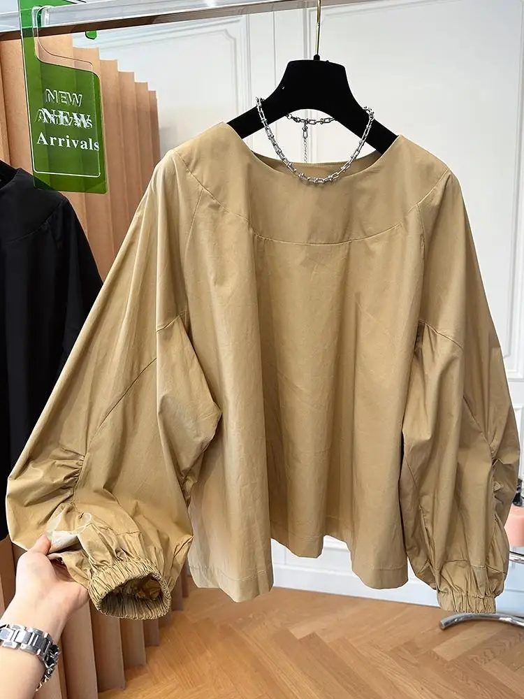 Women\'s Blouse Korean Fashion Round Neck Puff Sleeve Loose Shirts Female Clothing Pleated Design Casual Solid Color Top