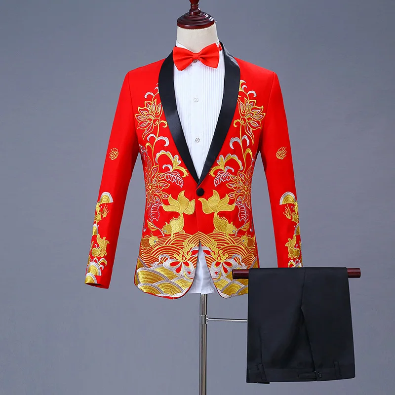 Fashion Men Business Embroidery Suit 2 Piece Black / Red / Blue Classic Male Wedding Dance Party Dress Blazer Jacket and Pants