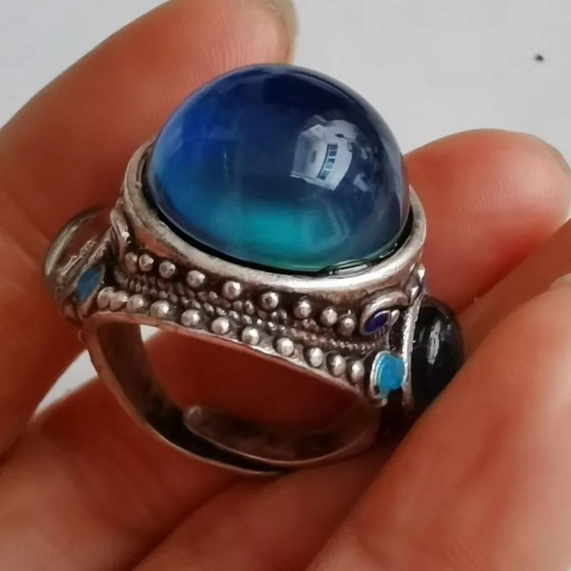 Vintage Solid Silver Cloisonne Open Ring, 3-Side Inlaid Temp Color Change Round Gem, Ethnic Adjustable Thumb Ring for Men Women
