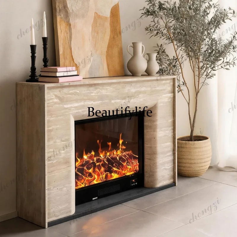 Fireplace decorative cabinet imitation travertine French, living room electronic simulation flame TV integrated