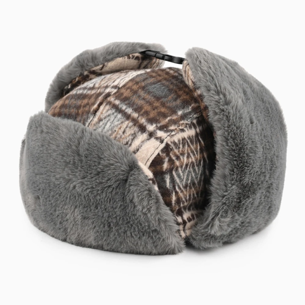 HT5207 New Thick Warm Russian Fur Hat Men Women Plaid Bomber Hat Male Female Ski Trapper Earflap Cap Unisex Windproof Bomber Hat