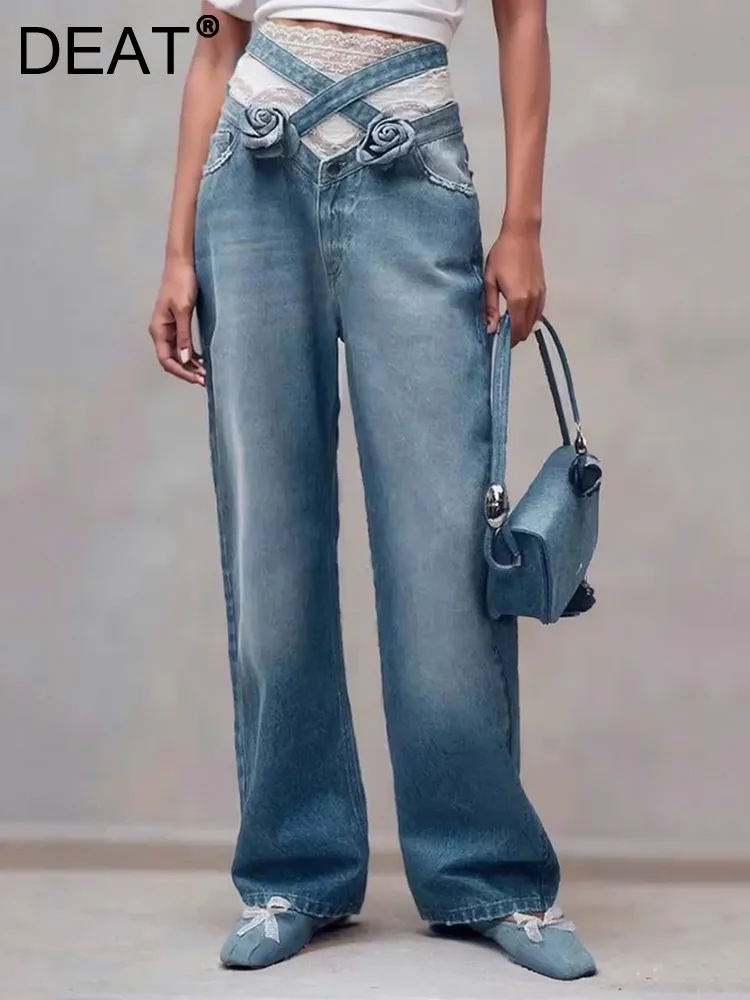 

DEAT Trendy New Women's Cross Hollow Out Straight Jeans 2024 Summer Fashion High Waist Spliced Flower Denim Pants Female 33A1371