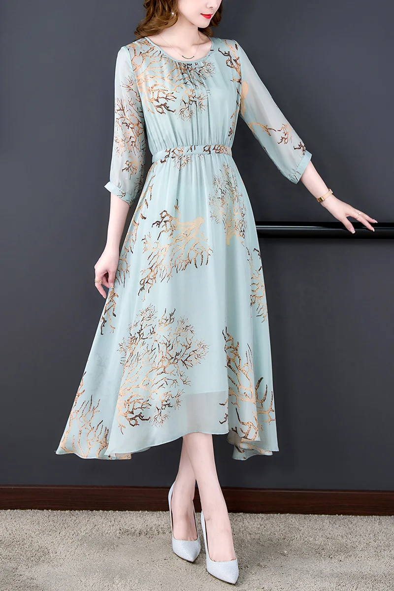 Summer Blue Floral Natural Silk Vacation Midi Dress Women Vintage Fashion Beach Prom Dress Korean Elegant Evening Vestidos