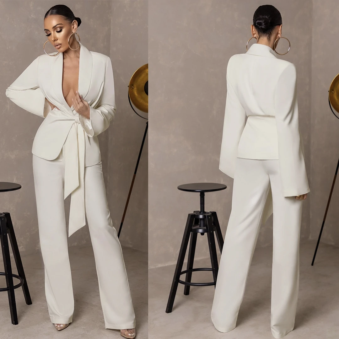 

Ivory Women's Pants Suits Business Slim Fit Belt Jacket Ladies Party Prom Wedding Tuxedos 2 Pieces