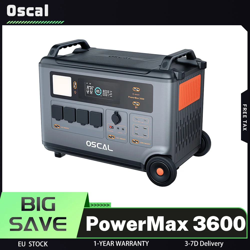 Blackview Oscal PowerMax 3600 Centrale d'alimentation robuste, batterie LiFePO4 3600 Wh à 57600 Wh, 14 prises, 5 modes d'éclairage LED, code Morse