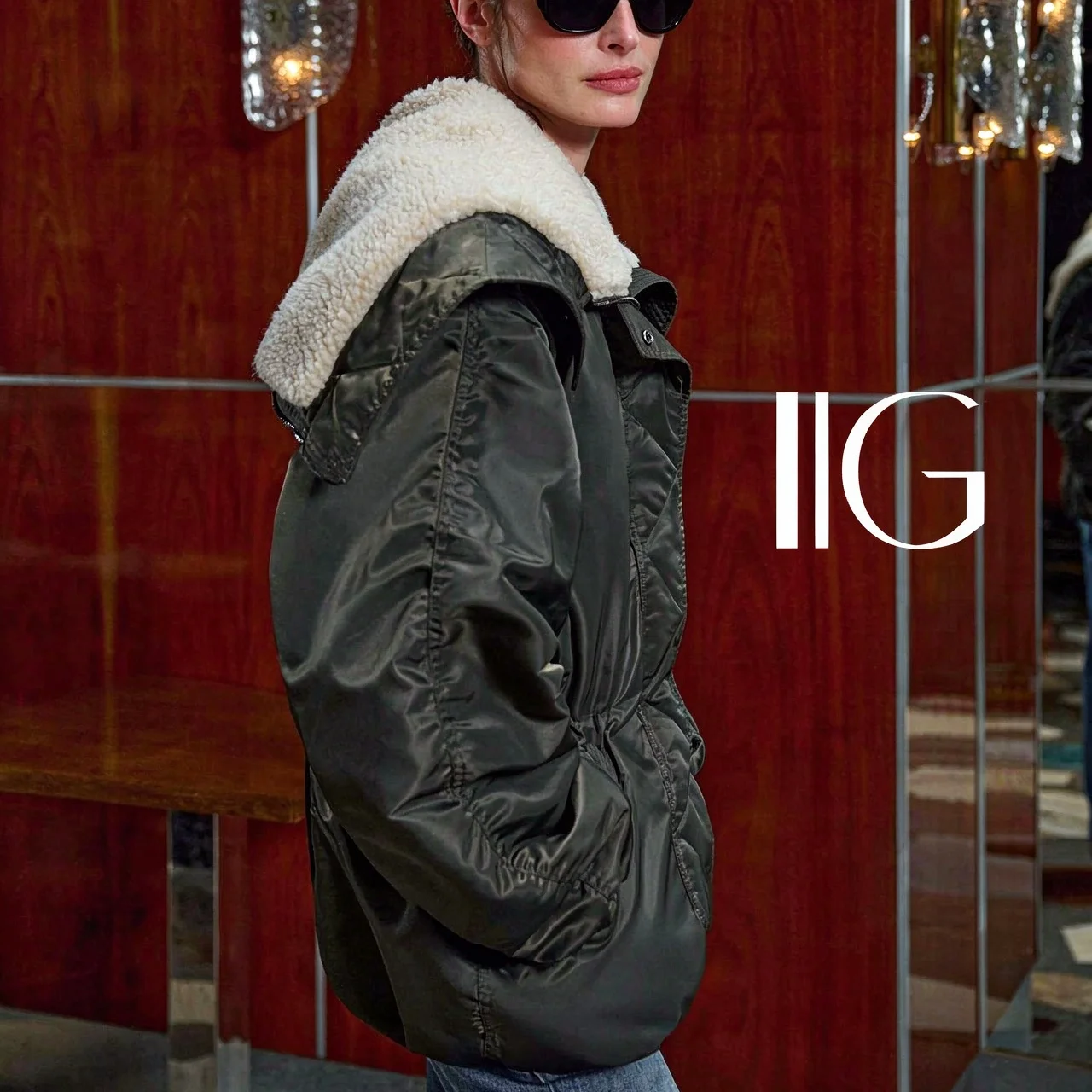 IG Women Collar Drawstring Waist Quilted Panel Short Parka Jacket, Long Sleeve Side Pockets Winter Warm Vintage Street Outerwear