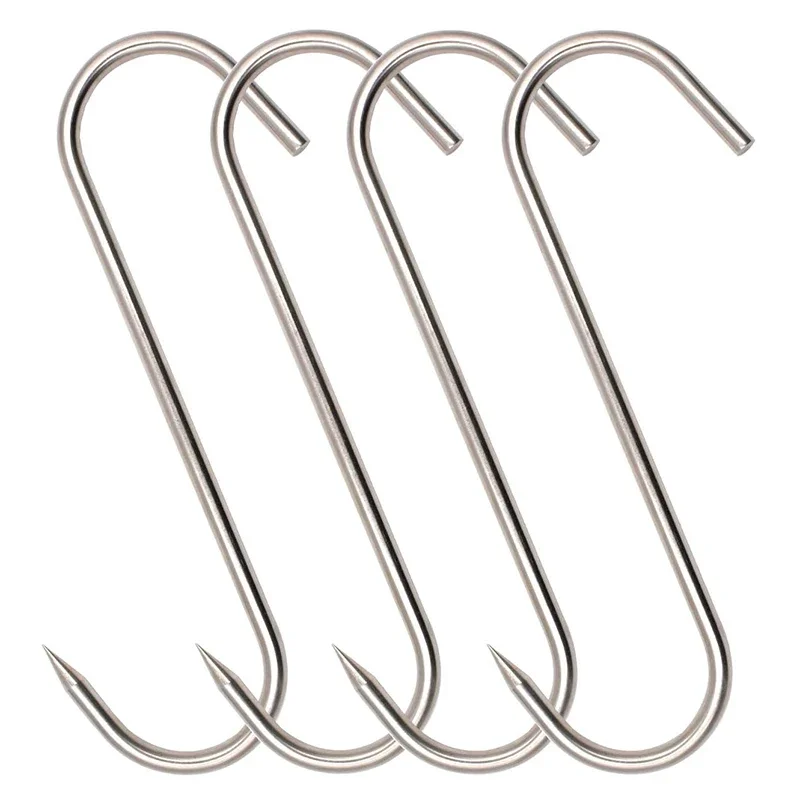 4Pcs Stainless Steel Meat Hooks, 7/8-Inch 4/8mm S-Hooks, Meat Processing Butcher Hook Pot Hooks