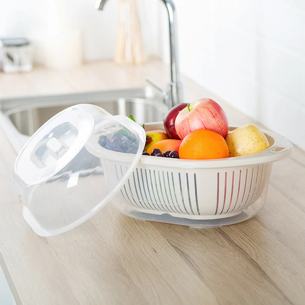 

Large Beige Drain Basket Round Vegetable Washing Storage Rack Fruit Mesh Holder Pp Material Dual Layer Kitchen