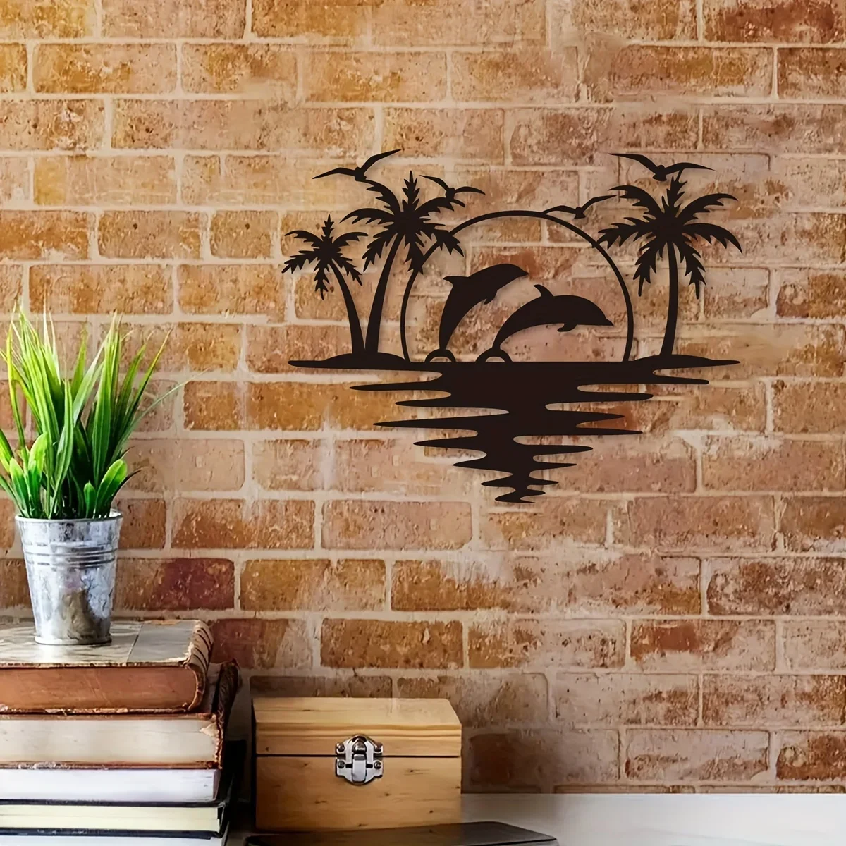 Creative Dolphin Coconut Tree Beach Iron Indoor Outdoor Crafts Decoration, Great for Living Room Bedroom, Hallway,11.81*9.07inch