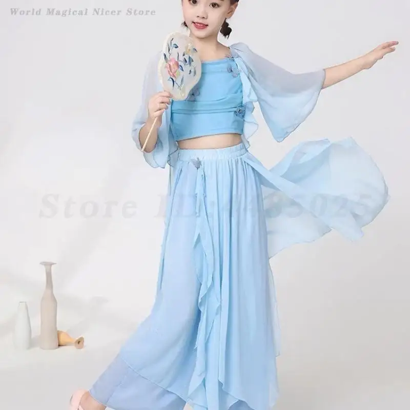 Kids Girls Classical Dance Costumes Chiffon Dancewear Fairy Daily Practice Dance Dress Chinese Style Hanfu Folk Yangko Clothes
