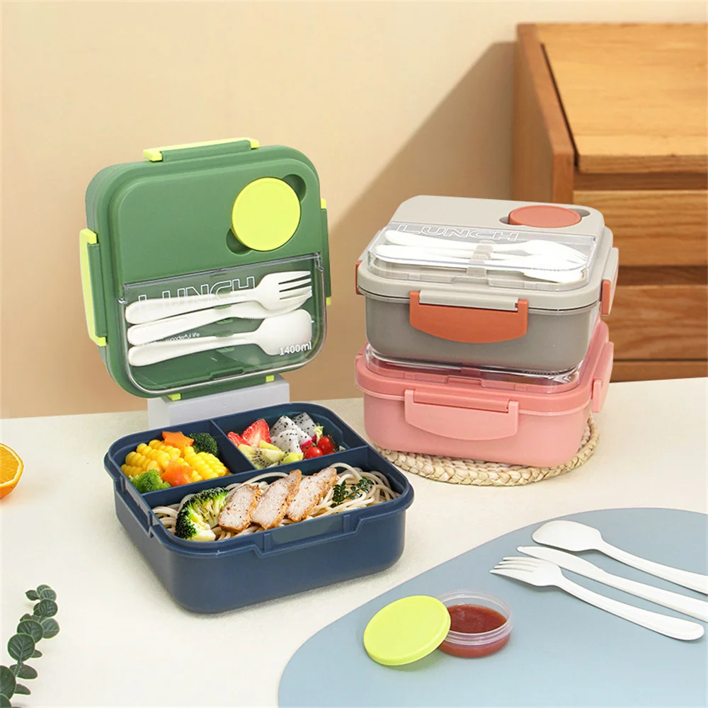 1400ml 3 Grids Bento Box Leakproof Lunch Food Storage With Sauce Box And Tableware Office School for Kitchen Plastic Lunch Box