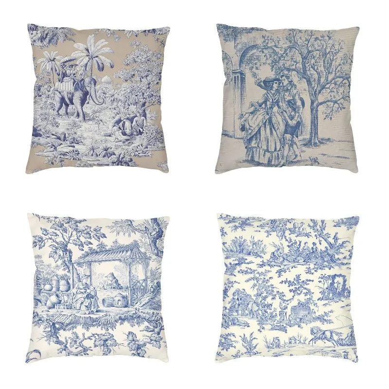 

Navy Blue Toile De Jouy Elephant Motif Cushion Covers Sofa Home Decorative French Art Square Throw Pillow Case 40x40