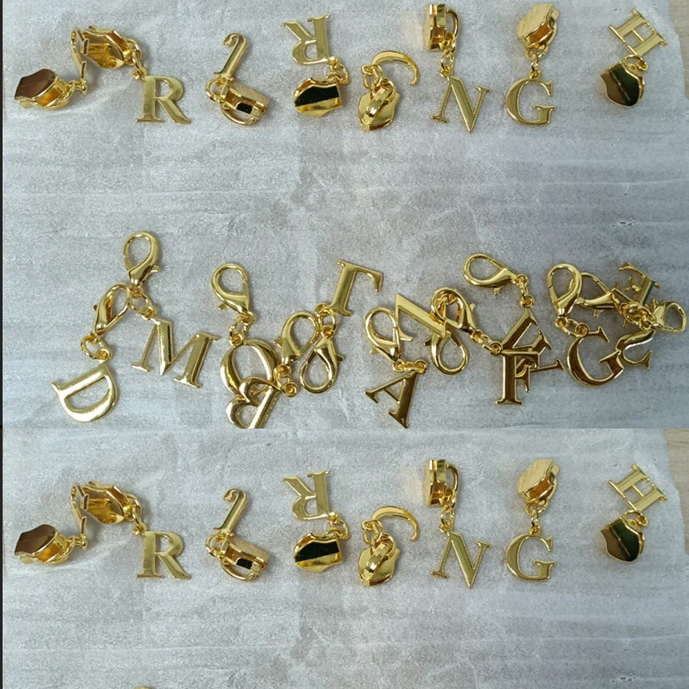 100PCS K gold Accpet Design Nylon Zipper Sliders Elegant 26 Alphabet Letters Keychain For Bags Keyring Pendant All Occasions