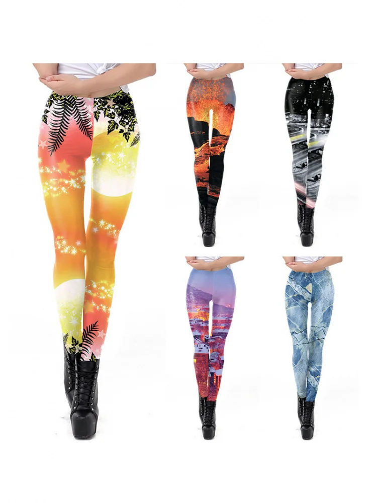 High Waist Halloween Natural Landscape 3D Digital Print Elastic Sports Yoga Pants Tummy Control Butt Lifting Casual Leggings