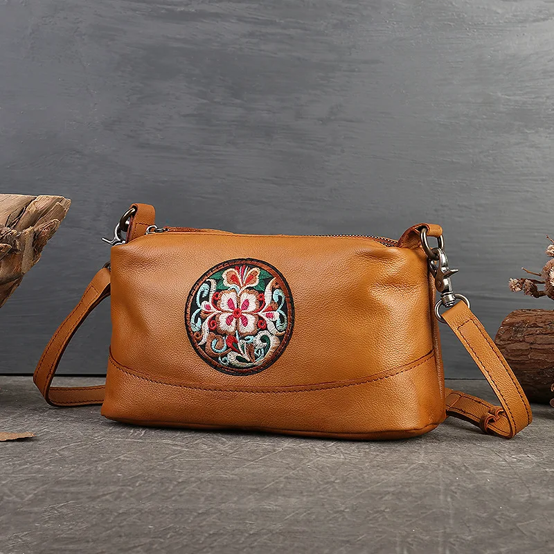 

Ethnic Floral Pattern Embroidery Genuine Leather Crossbody Bags Vintage Handmade Adjustable Strap Fashion Small Shoulder Purse