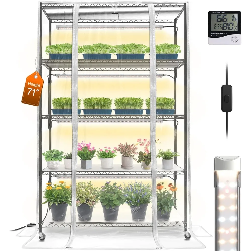 

Indoor Mini Greenhouse with 4-Tier Plant Shelf, Full Spectrum T8 Lights, and Cover