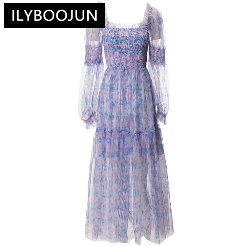 

ILYBOOJUN Fashion Designer spring Summer Women's Square-neck Lantern Sleeved Lace Mesh Printed Elegant Dresses