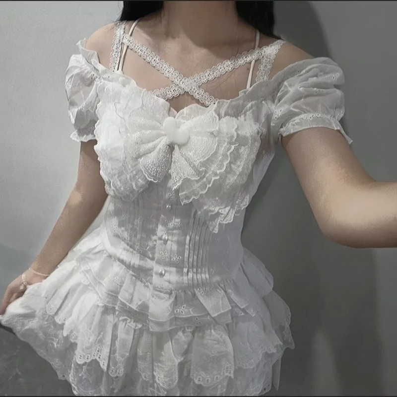 Lolita Style Kawaii Lace Bow Puff Short Sleeve Top Y2k Mini Princess Cake Skirt 2 Piece Set Women Clothing Sweet Girl Cutecore