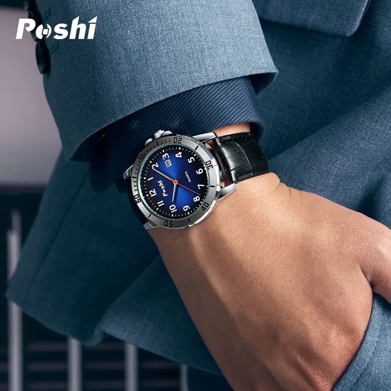 POSHI Luxury Men Watch Business Waterproof Date Quartz Wristwatch Top Brand Leather Men\'s Watches for Gift Relogio Masculino