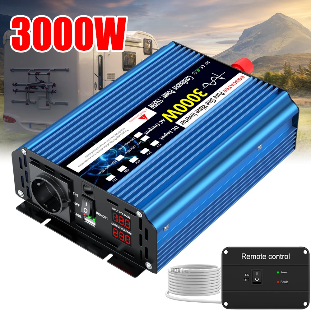 Reiner Sinus-Wechselrichter 1500W 3000W (Spitzenleistung) DC 12V 24V zu AC 230V LED-Display Fehlerbehebung Fernbedienung USB für Solar, Auto, Wohnmobil, Boot, Adapter für Telefon