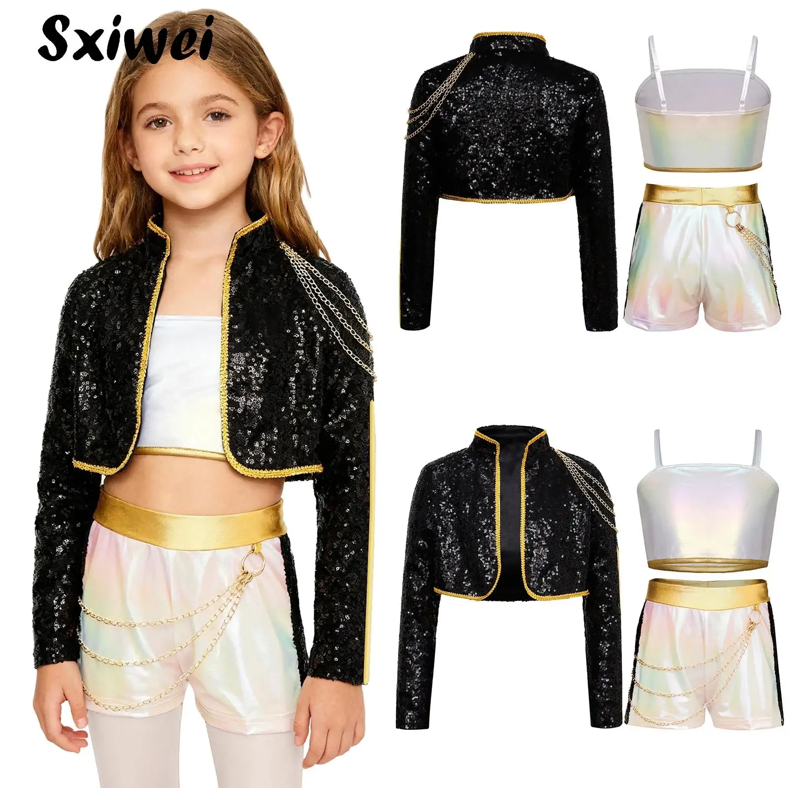 

Kids Demon Singer Cosplay Dance Outfit Halloween Idol Roleplay Sequins Outer Wear+Metallic Gloss Crop Top+Waist Chain Shorts Set