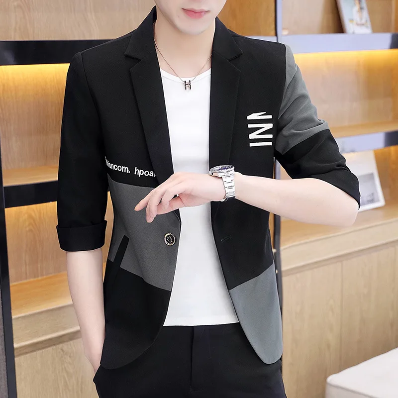 1-A17  Summer Seven-Sleeve Suit Jacket Men's Mid-Sleeve Small Suit Fashionableme Casual Color-block Short-sleeve Top Clothes