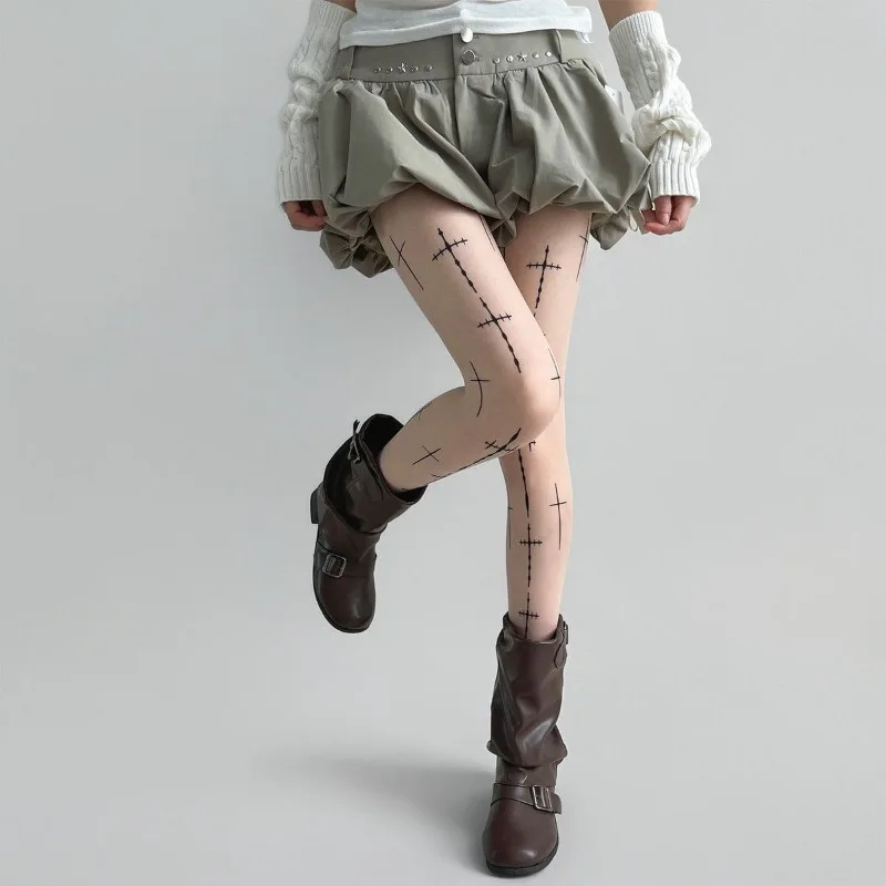 Gothic Cross Printed Black Tights for Girls Fashion Leggings Stocking Sock Women Fall Spring Everyday Wear Dark Style Pantyhose