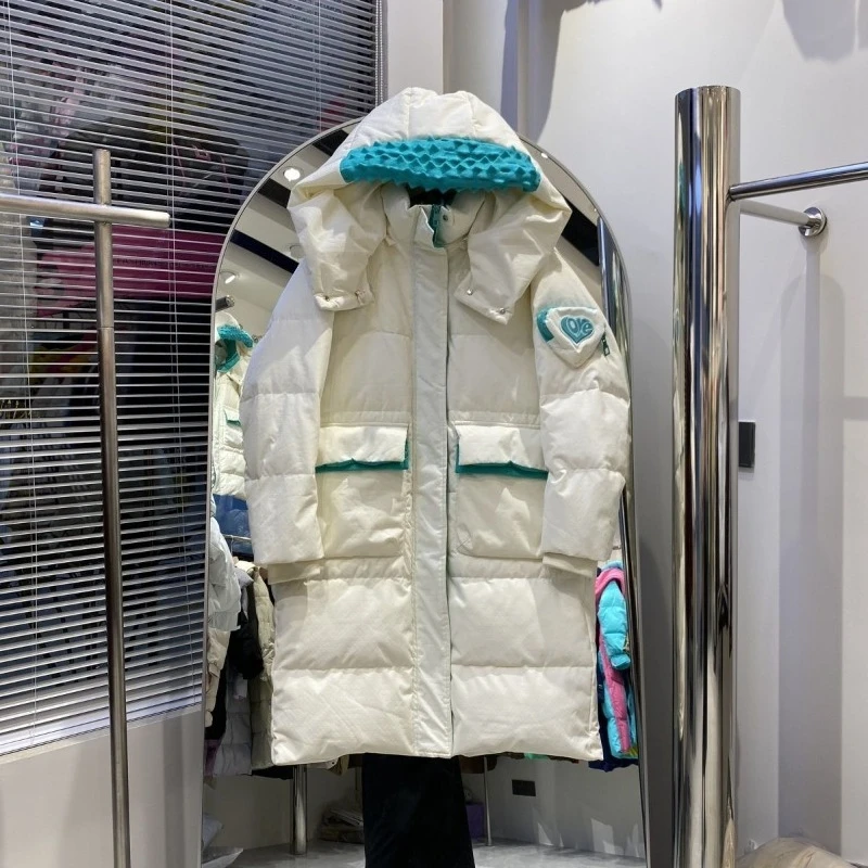 Winter Medium and Long Down Jacket Women's Over-knee Hooded Thickened Loose Contrasting Color Love Bag White Duck Down Jacket