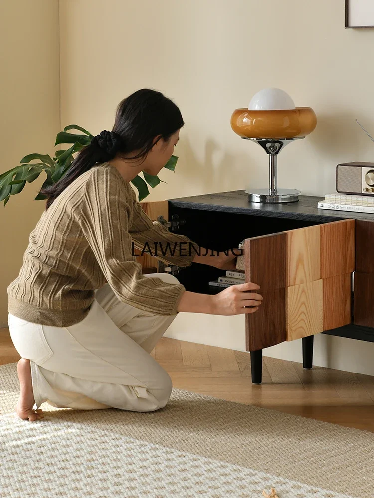 Minimal TV combination cabinet, wabi-sabi wind black walnut solid wood carving color matching audio-visual cabinet
