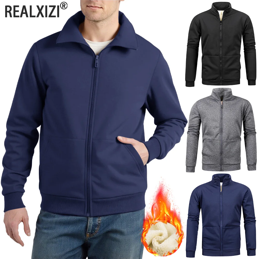 Winter Stand-up Collar Lambswool Coats Men's Thicken Warm Jackets Cardigan Tops Zipper Solid Color Long Sleeve Sweatshirt Jacket