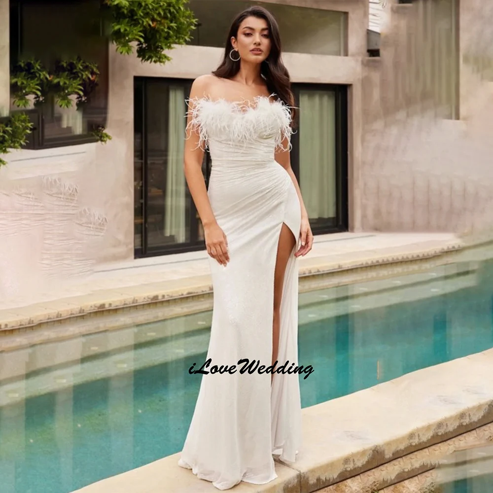 

Новинка: Элегантное свадебное платье-русалка с перьями, без бретелек, с высоким разрезом, на заказ, для невесты 2026