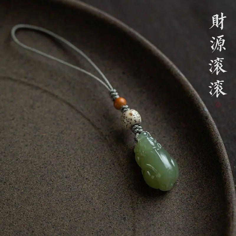 Natural Hetian Jade Pixiu , Auspicious Phone Lanyard, Pendant, Ornament, Fortune-Bringing Hanging Chain